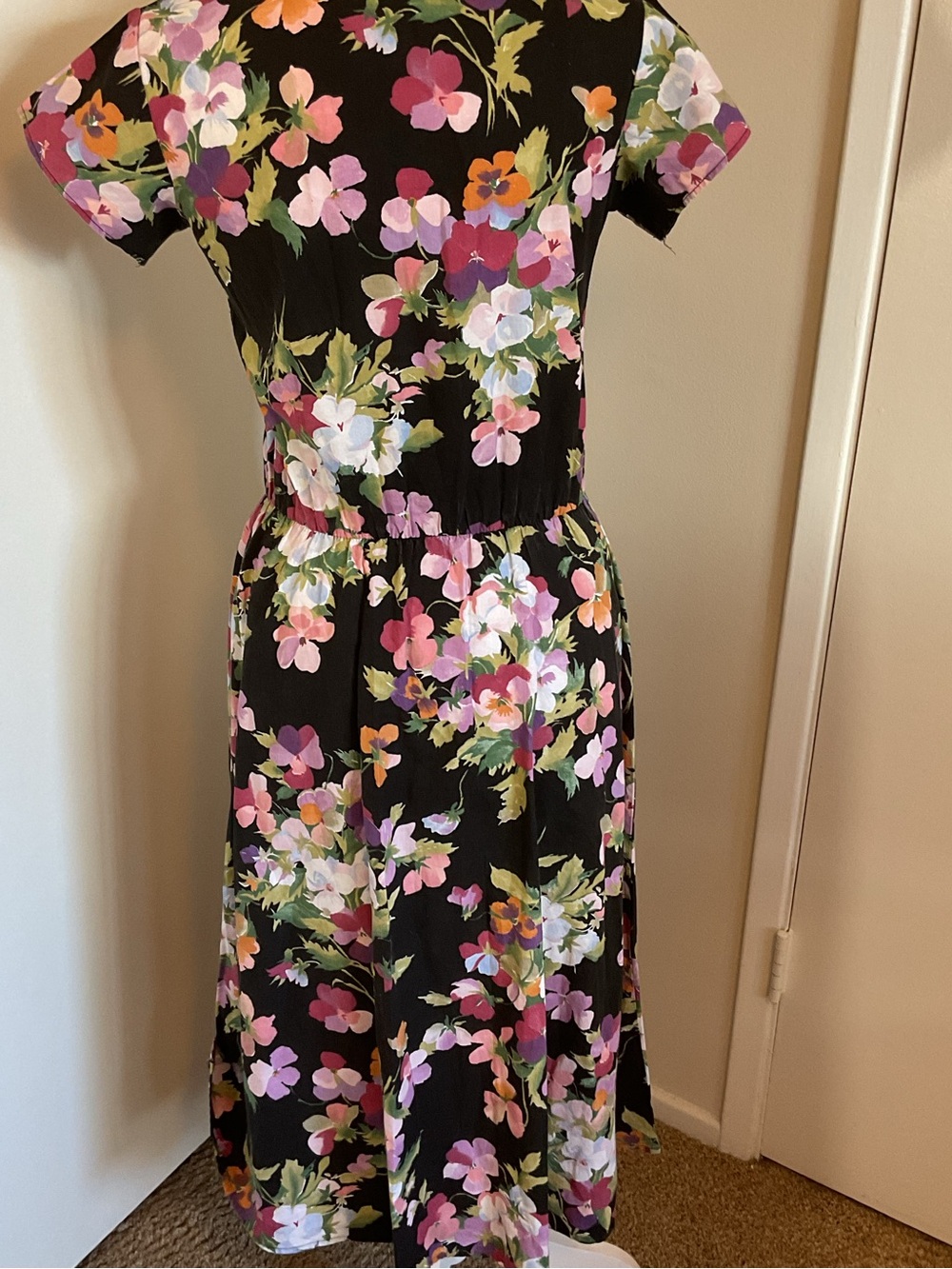 Vintage Avon Fashion Floral Midi Dress 7/8 Black Cotton Fit and Flare 90s - Picture 7 of 11